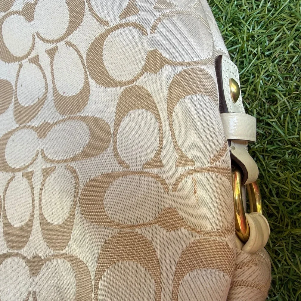 Coach Ashley Signature Satchel Bag F15510 Cream Beige Monogram Tote Sateen